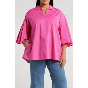 Harshman Sz 1X Maureen Tunic Cotton‎ Poplin Top in Fuchsia Quiet Luxury NEW!